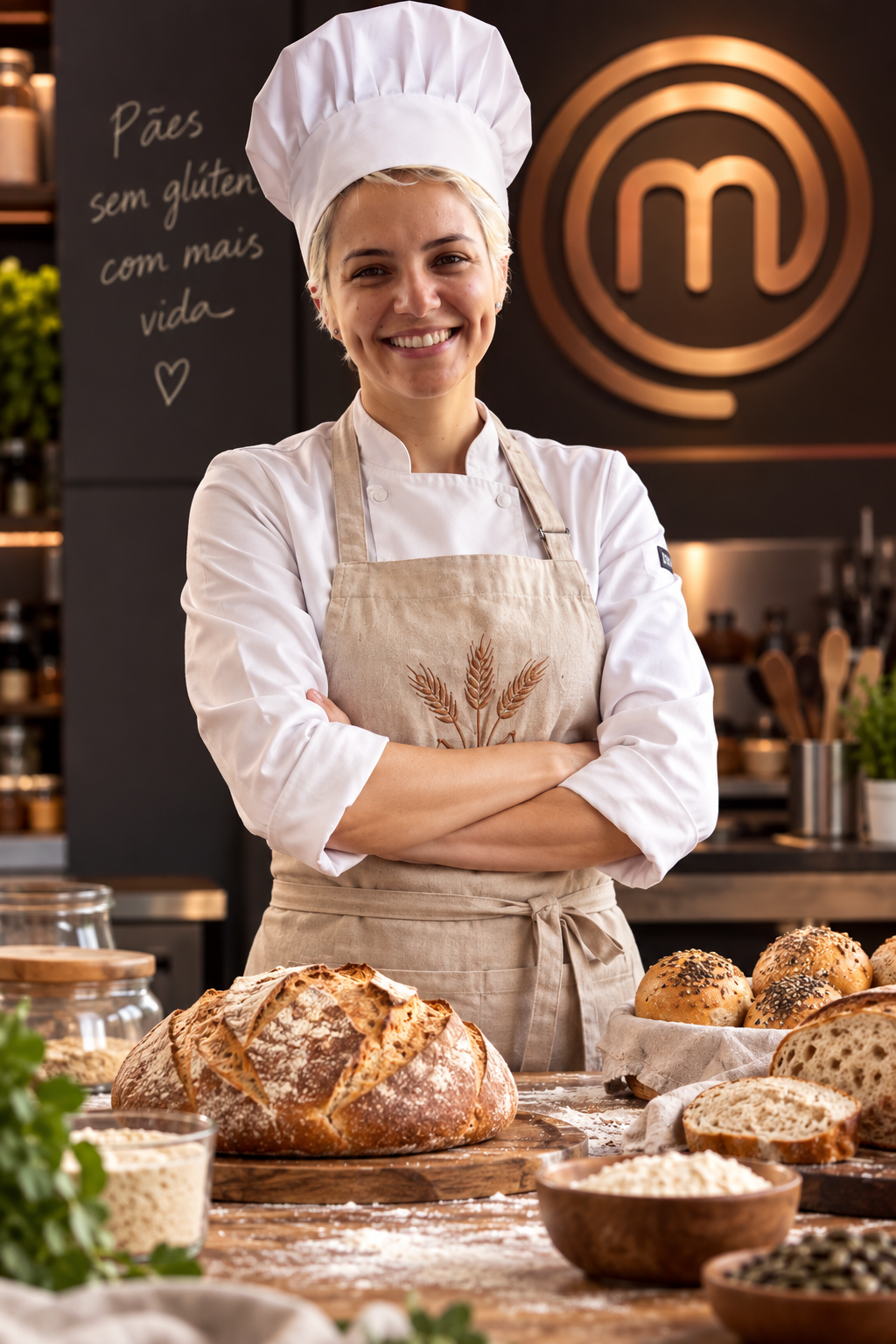 Fernanda Luz sorrindo em sua cozinha de panificação sem glúten