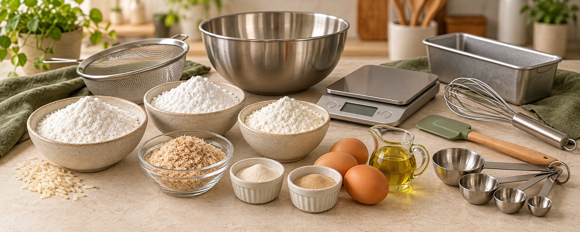 Ingredientes sem glúten, tigelas, balança e utensílios organizados sobre uma bancada