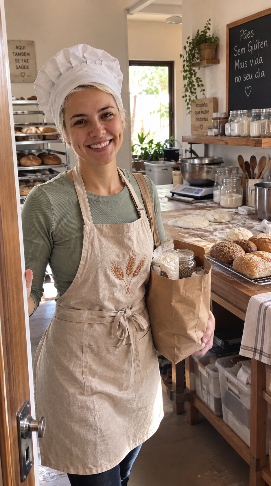 Fernanda Luz sorrindo em sua cozinha de panificação sem glúten